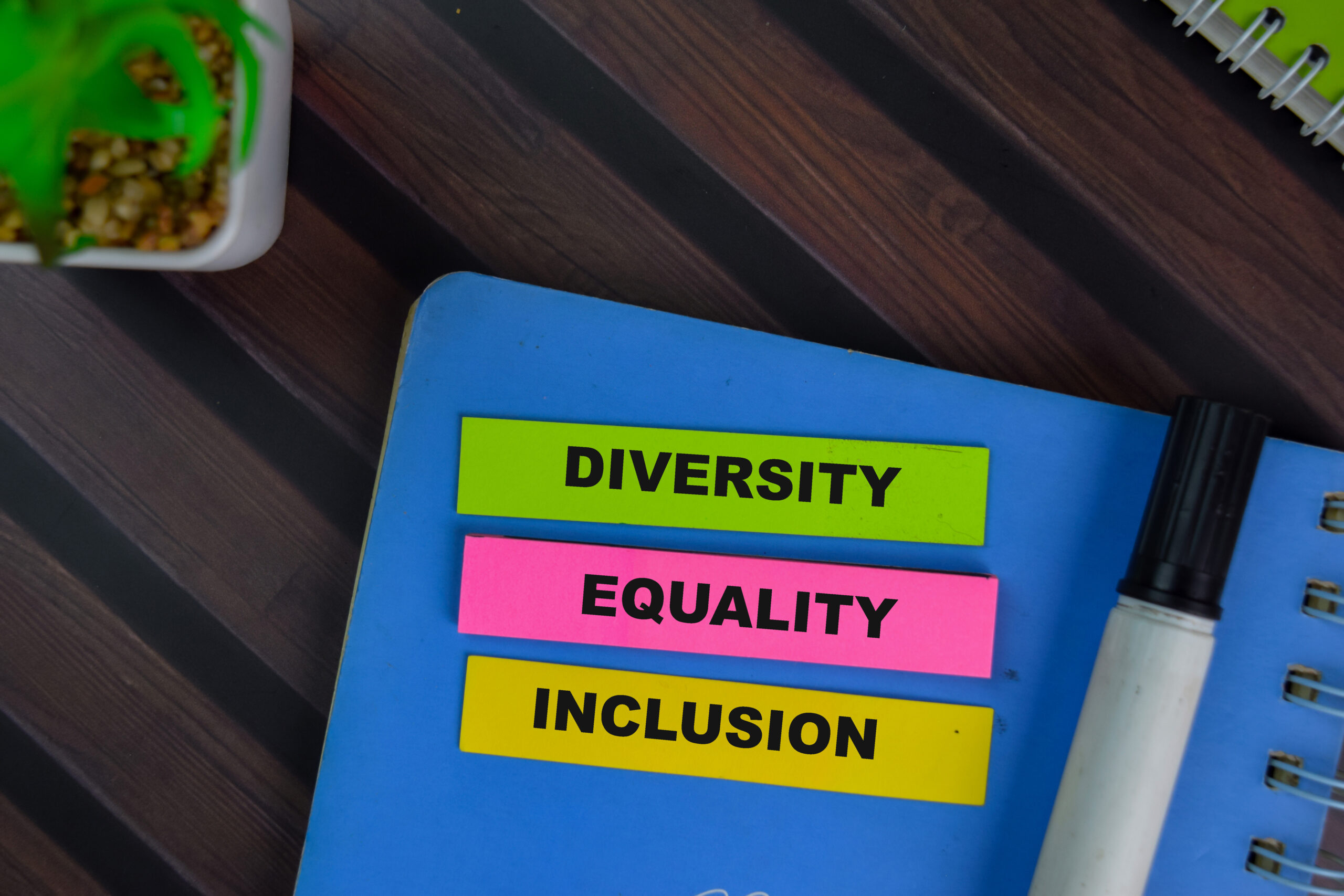 Diversity Equality Inclusion write on sticky notes isolated on Wooden Table.